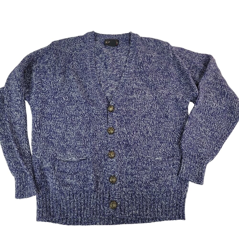 M.McMullin Cardigan Sweater XL Blue White Button Up Acrylic Knit